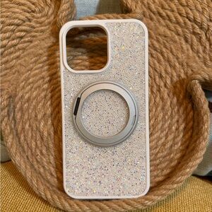 Glitter iPhone 15 Pro Max Case with Ring Holder - White and Silver